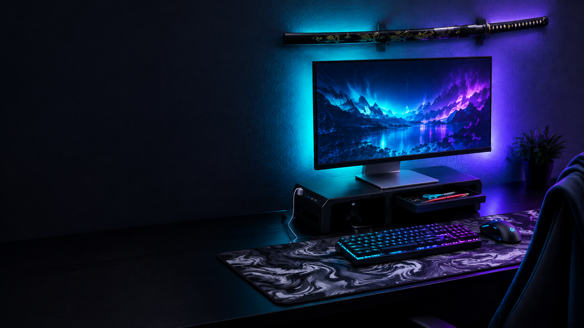 A wide cinematic photograph of a compact gaming desk setup at night. On the right half, the exact bl