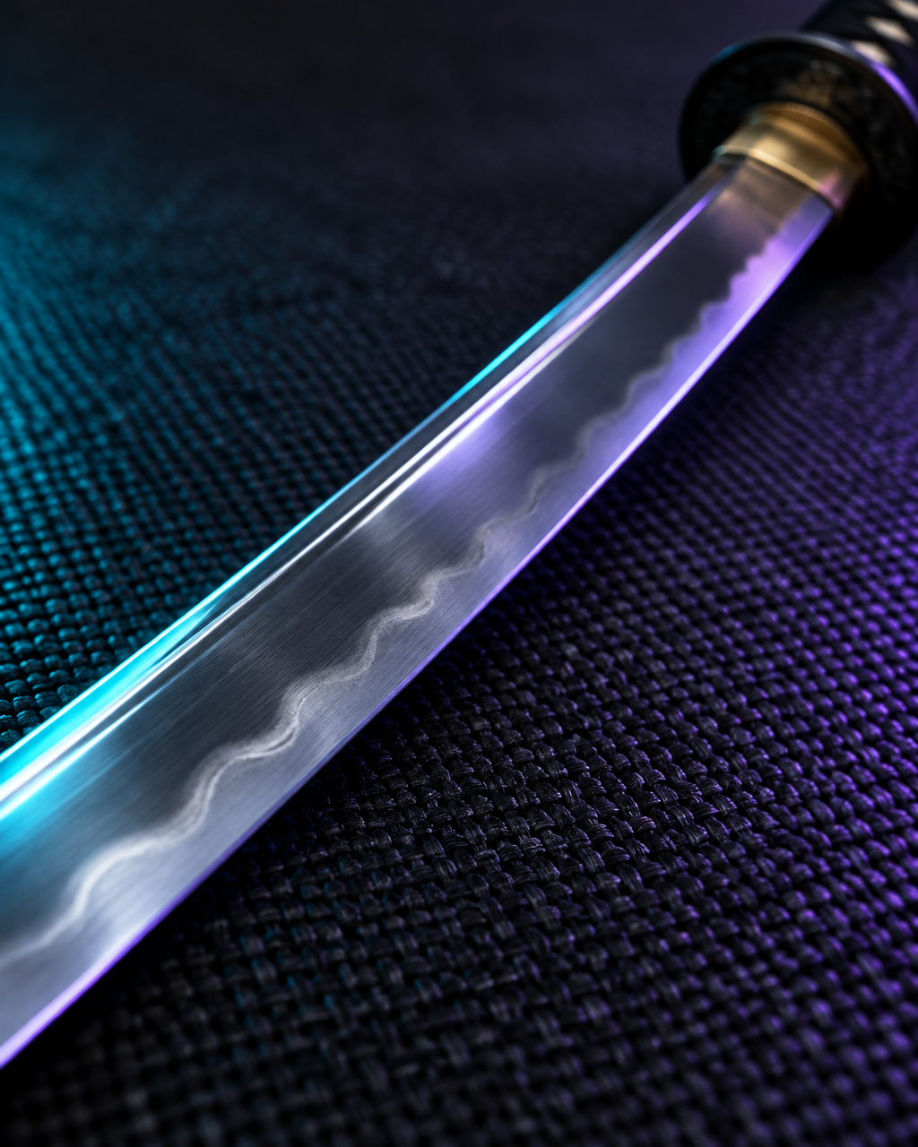 A tight macro photograph of the polished steel blade and its visible wave-like surface detail from t