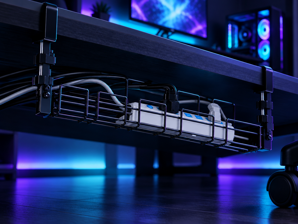 A low, close photograph beneath a dark desk showing the exact black metal cable tray from the refere