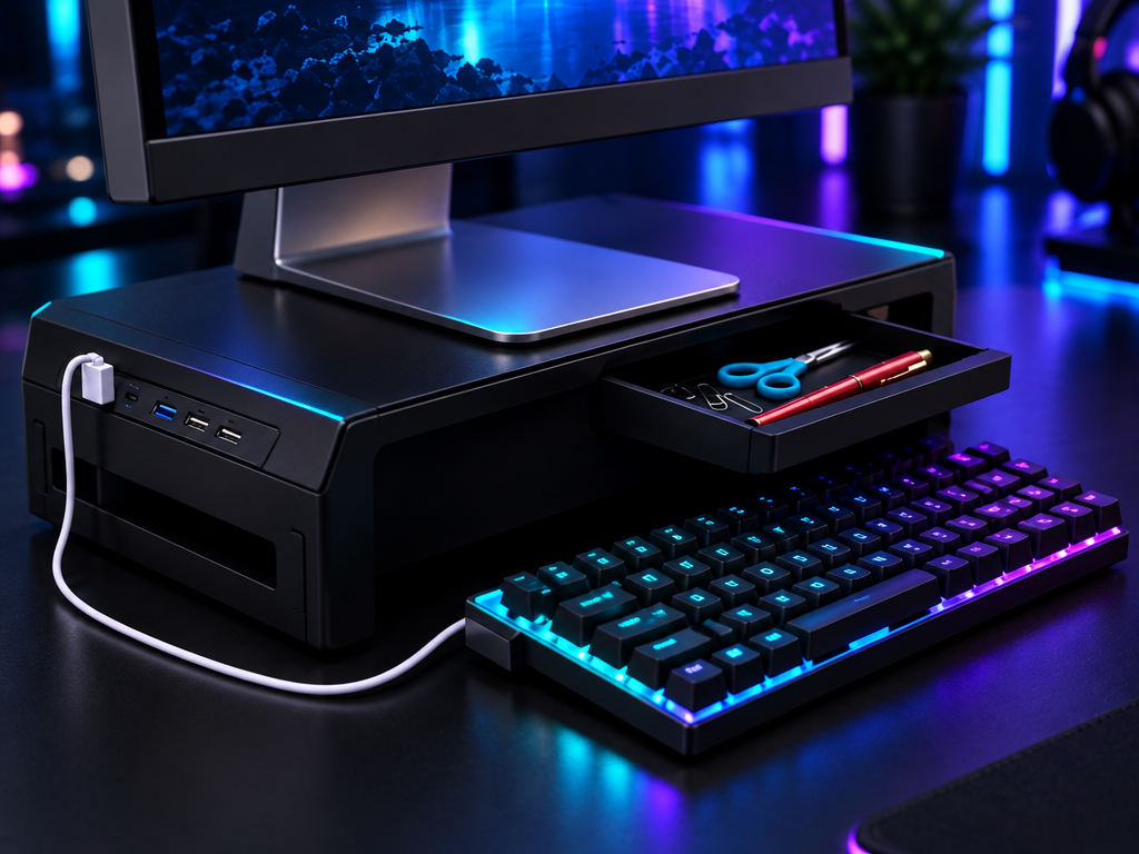 A close, three-quarter photograph of the exact black foldable RGB monitor riser with drawer from the