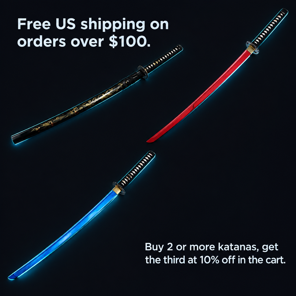 A square offer graphic on a deep charcoal ground #0B0D14. Three complete, distinct katanas from the