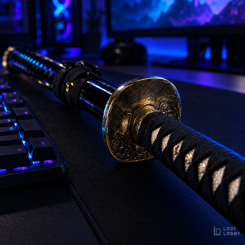 Loot Lobby – 1095 hand-forged katana with gold-plated tsuba in a gaming setup