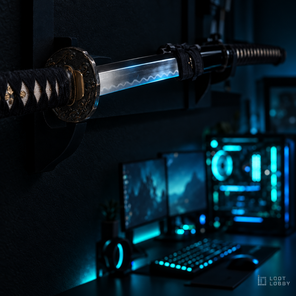Loot Lobby – 1095 hand-forged katana with Fugaku tsuba in a gaming setup