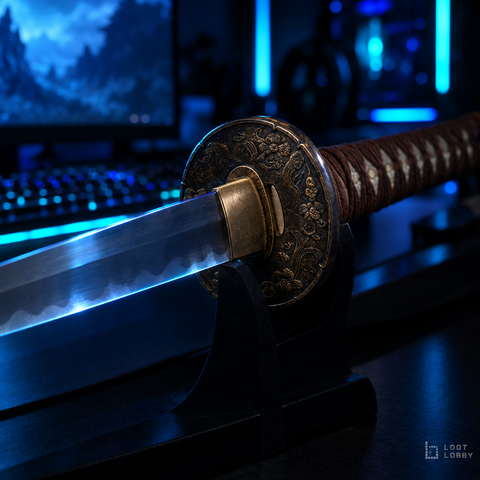 Loot Lobby – 1095 hand-forged hira-zukuri katana with choji hamon in a gaming setup