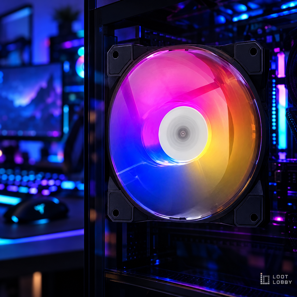 Loot Lobby – 120mm RGB PC case fan in a gaming setup