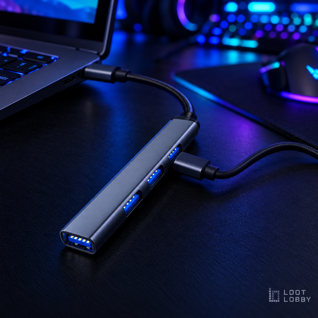 Loot Lobby – 4-port USB-C hub in a gaming setup