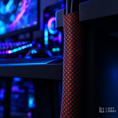 Loot Lobby – braided cable sleeve in a gaming setup