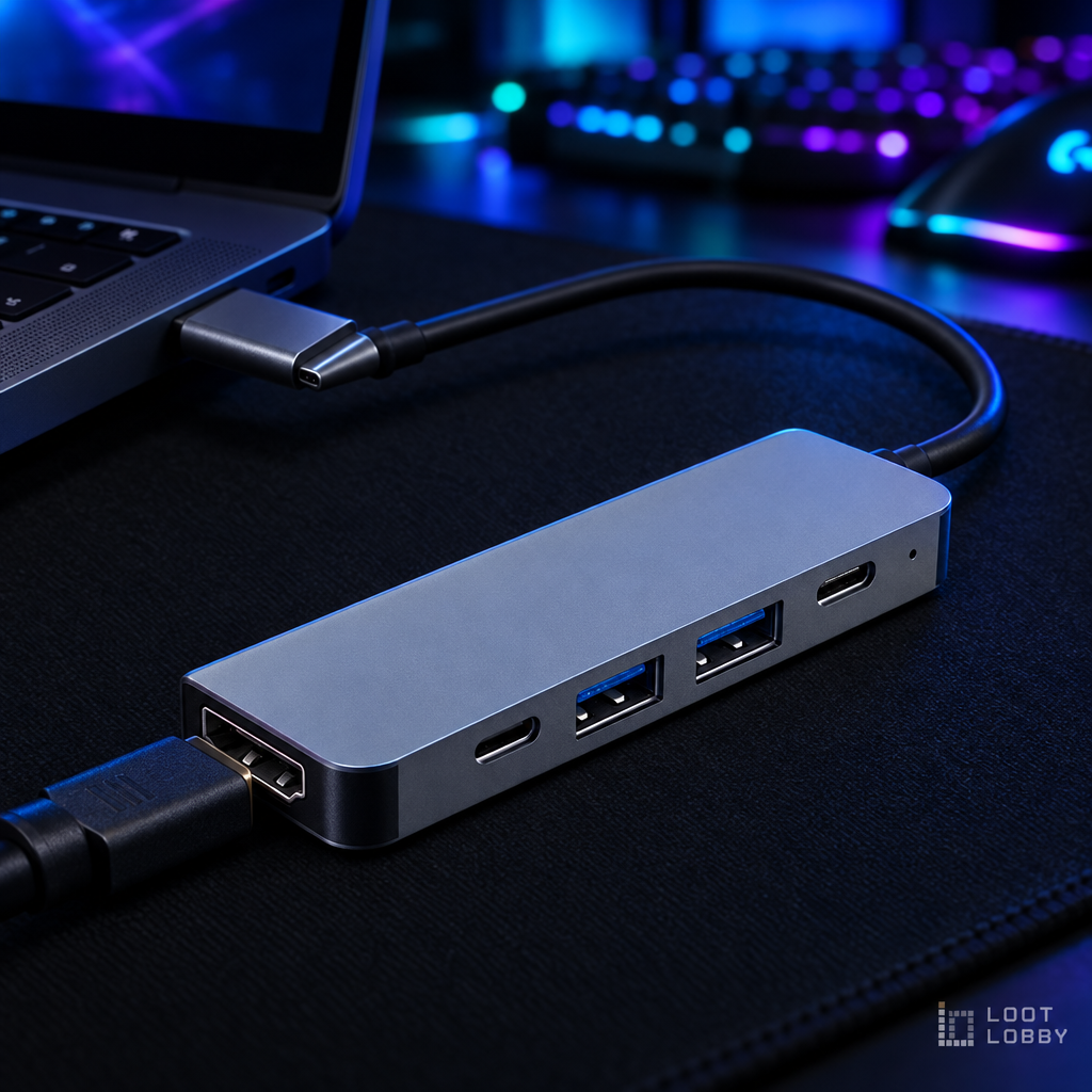 Loot Lobby – 5-in-1 USB-C hub with HDMI in a gaming setup