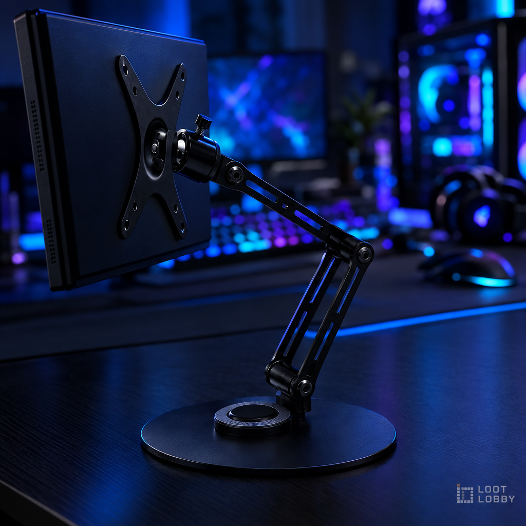 Loot Lobby – foldable VESA 75 monitor arm stand in a gaming setup