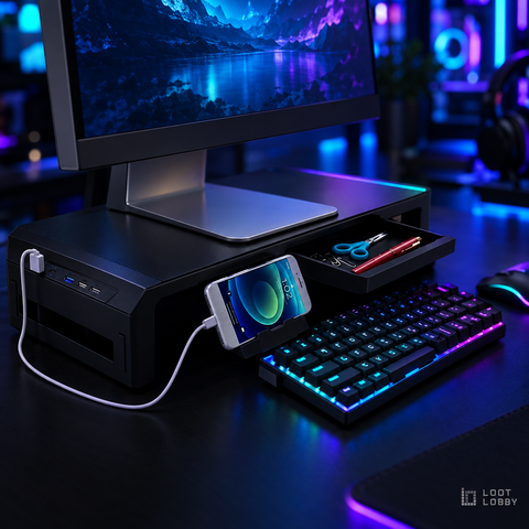Loot Lobby – foldable RGB monitor riser with drawer in a gaming setup