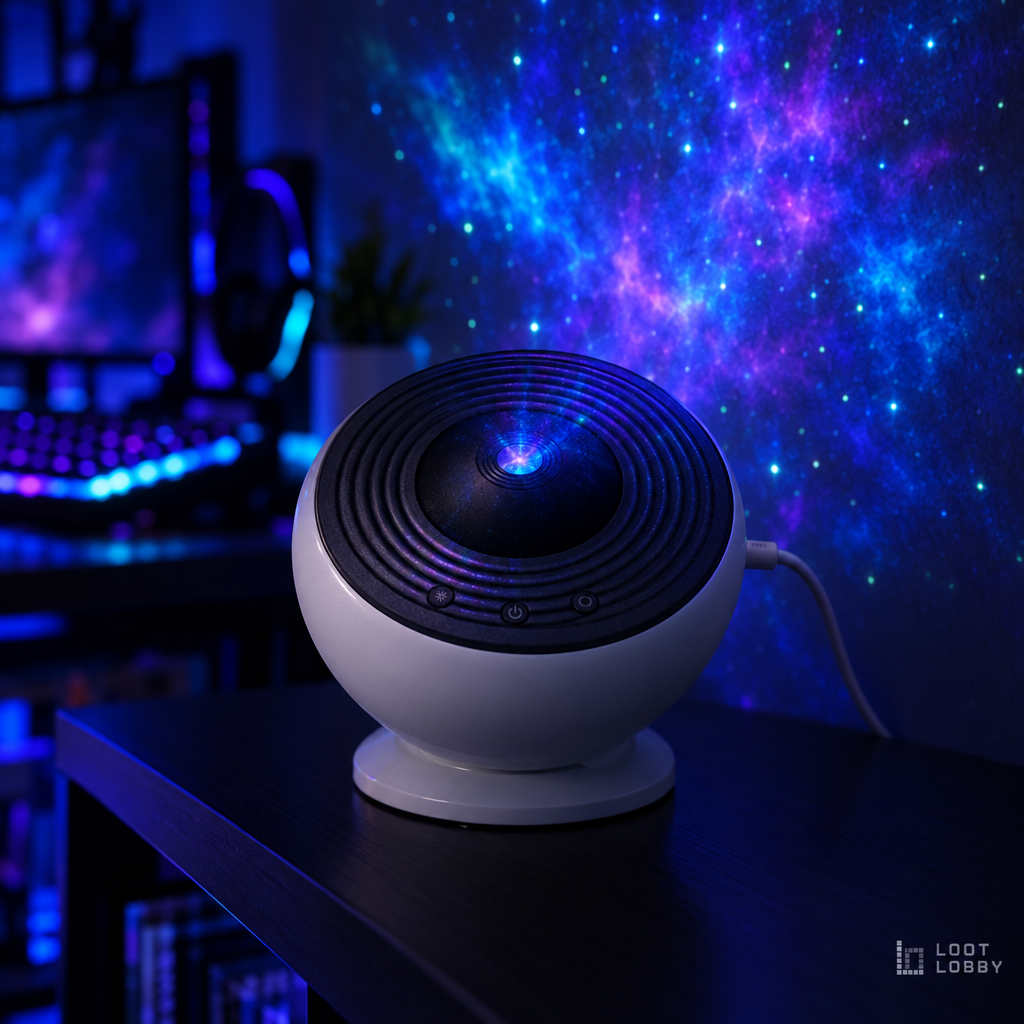 Loot Lobby – galaxy star projector with Bluetooth speaker in a gaming setup