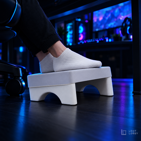 Loot Lobby – ergonomic under-desk footrest in a gaming setup