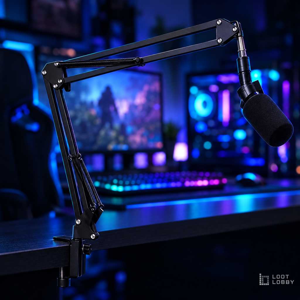 Loot Lobby – scissor mic boom arm in a gaming setup