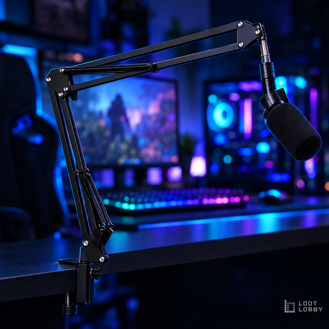 Loot Lobby – scissor mic boom arm in a gaming setup