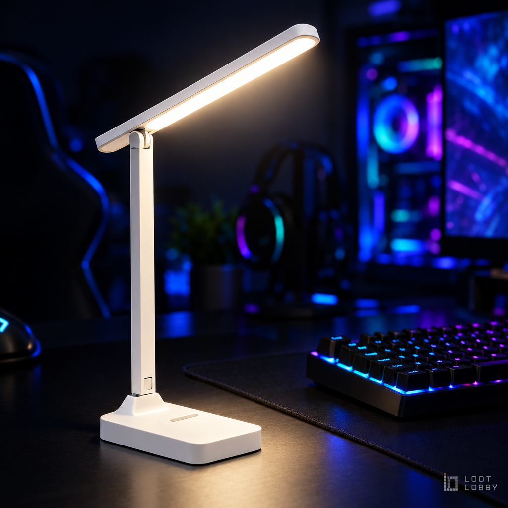 Loot Lobby – foldable dimmable LED desk lamp in a gaming setup
