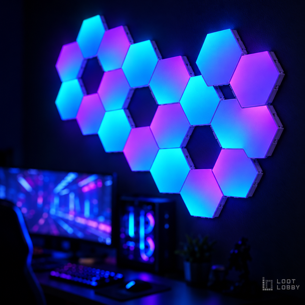 Loot Lobby – RGB hexagon LED light panels in a gaming setup