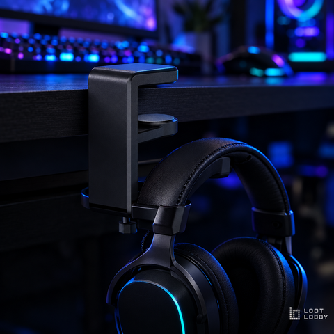 Loot Lobby – under-desk clamp-on headphone hook in a gaming setup