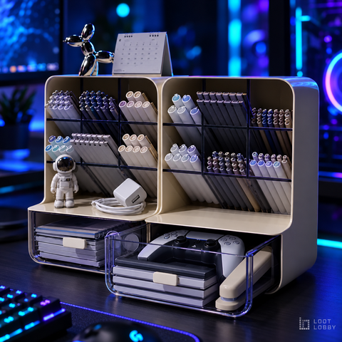 Loot Lobby – multi-layer slanted desk organizer in a gaming setup