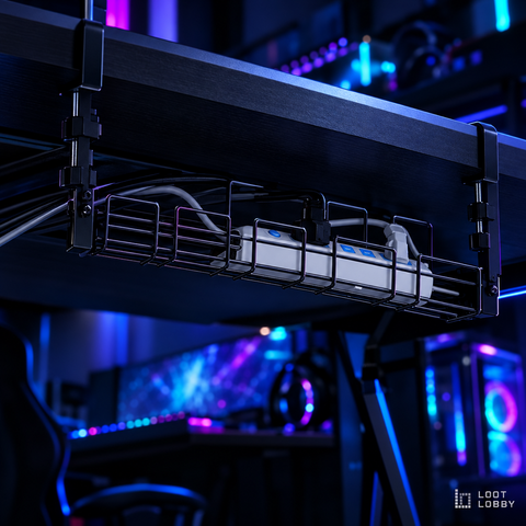 Loot Lobby – under-desk metal cable management tray in a gaming setup