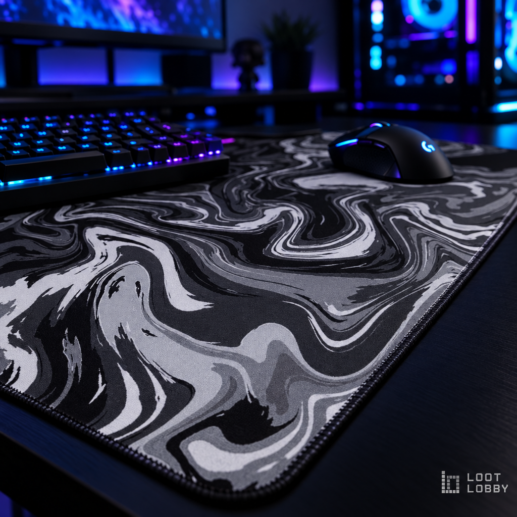 Loot Lobby – XL abstract gaming desk mat in a gaming setup