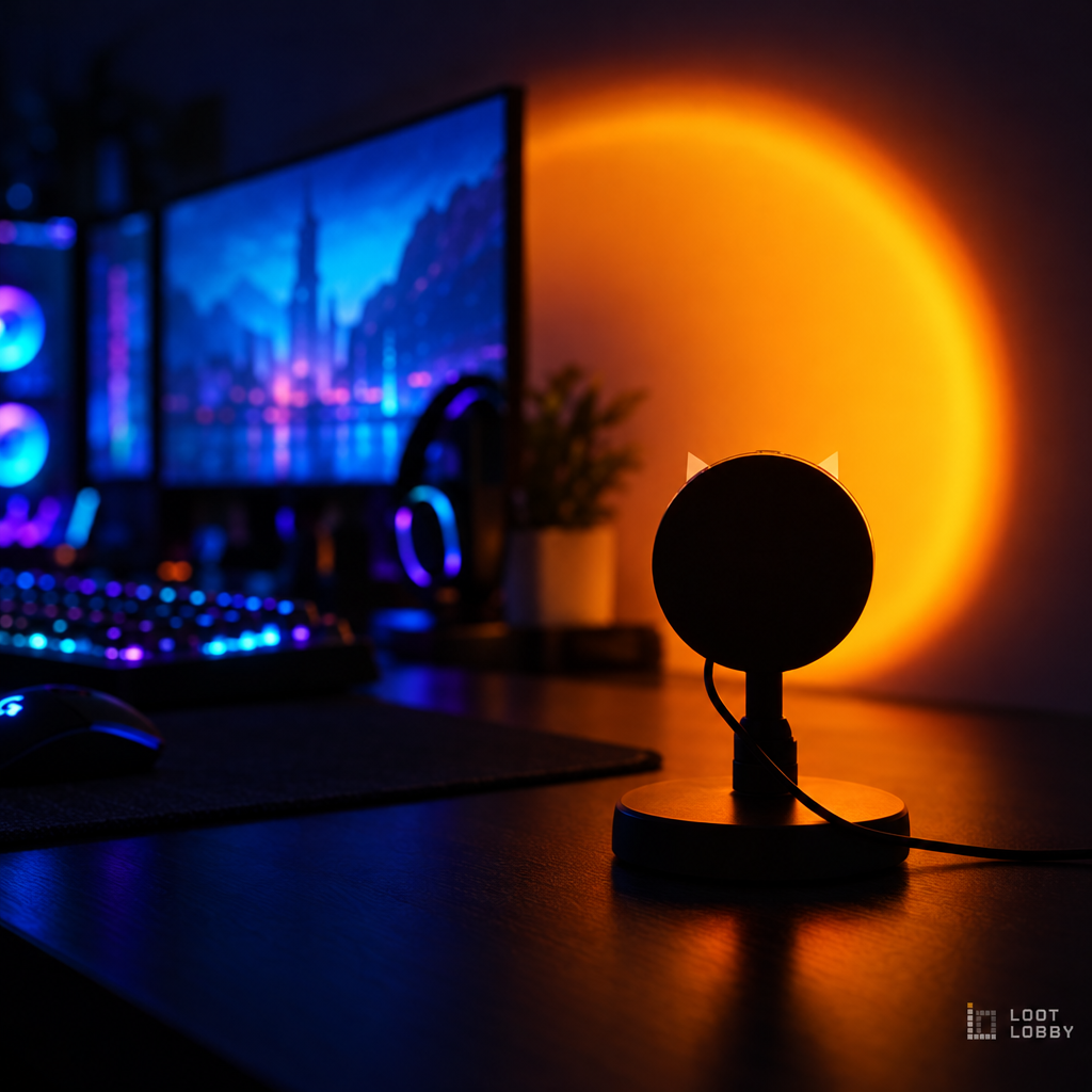 Loot Lobby – USB sunset rainbow projector lamp in a gaming setup