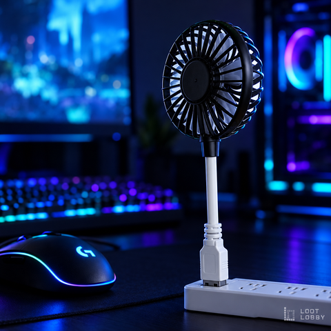 Loot Lobby – USB rechargeable desk fan in a gaming setup