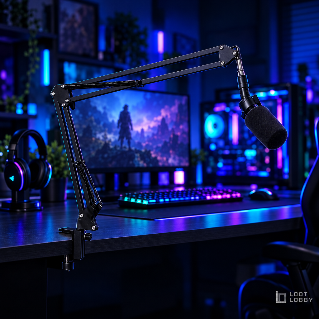 Loot Lobby – scissor mic boom arm, wide view
