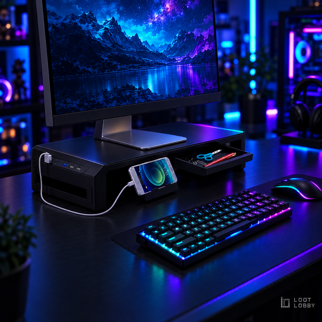 Loot Lobby – foldable RGB monitor riser with drawer, wide view
