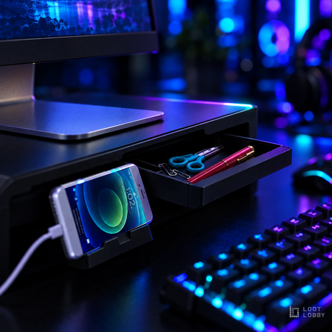 Loot Lobby – foldable RGB monitor riser with drawer, detail