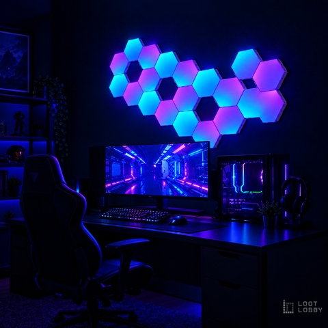 Loot Lobby – RGB hexagon LED light panels, wide view