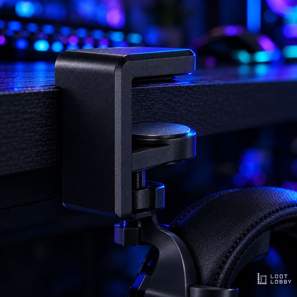 Loot Lobby – under-desk clamp-on headphone hook, detail
