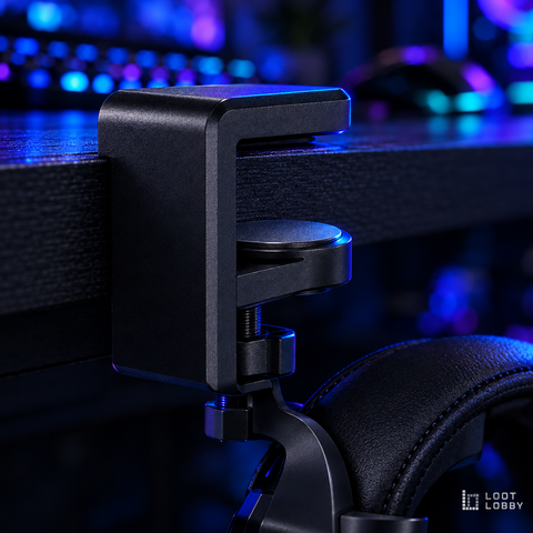 Loot Lobby – under-desk clamp-on headphone hook, detail
