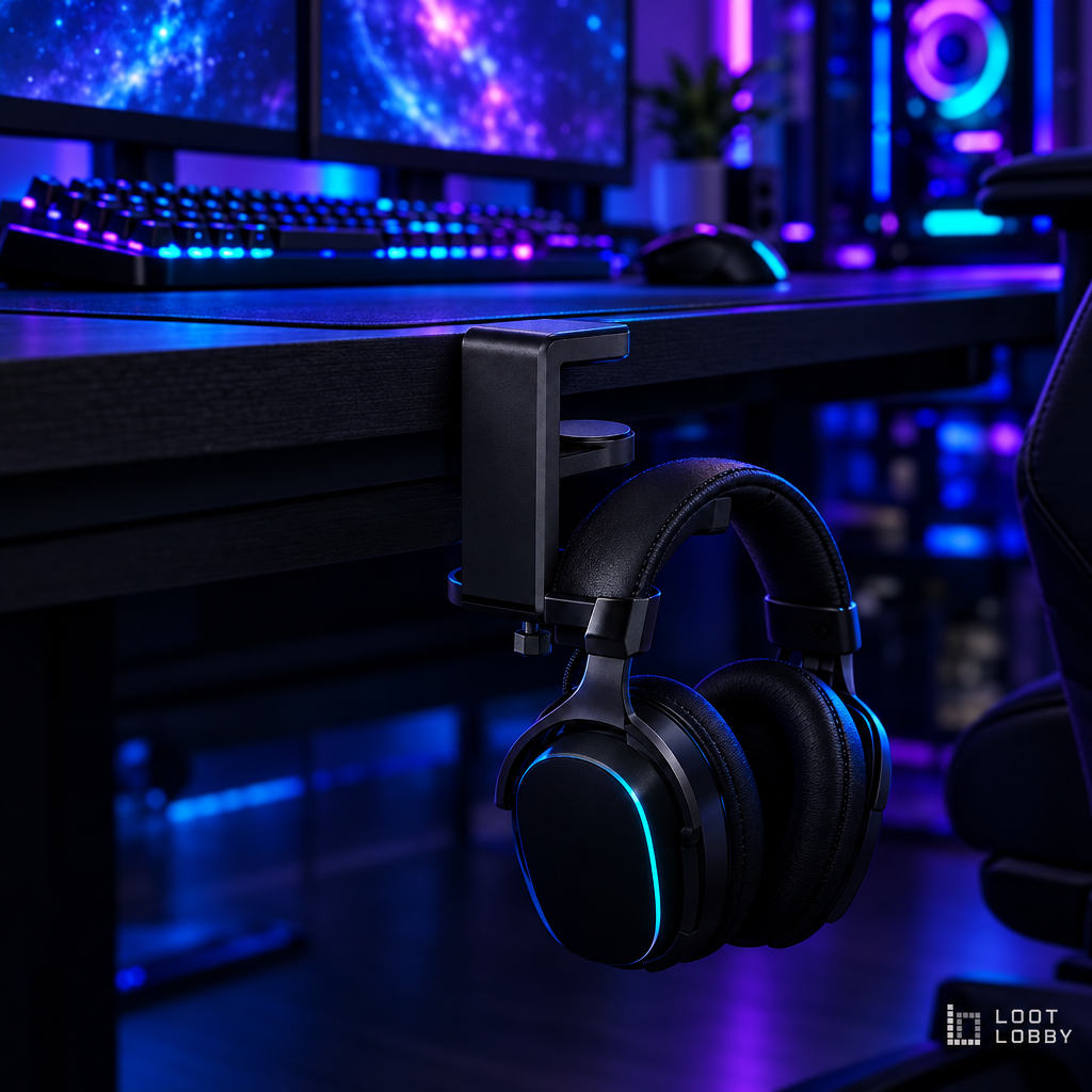 Loot Lobby – under-desk clamp-on headphone hook, wide view
