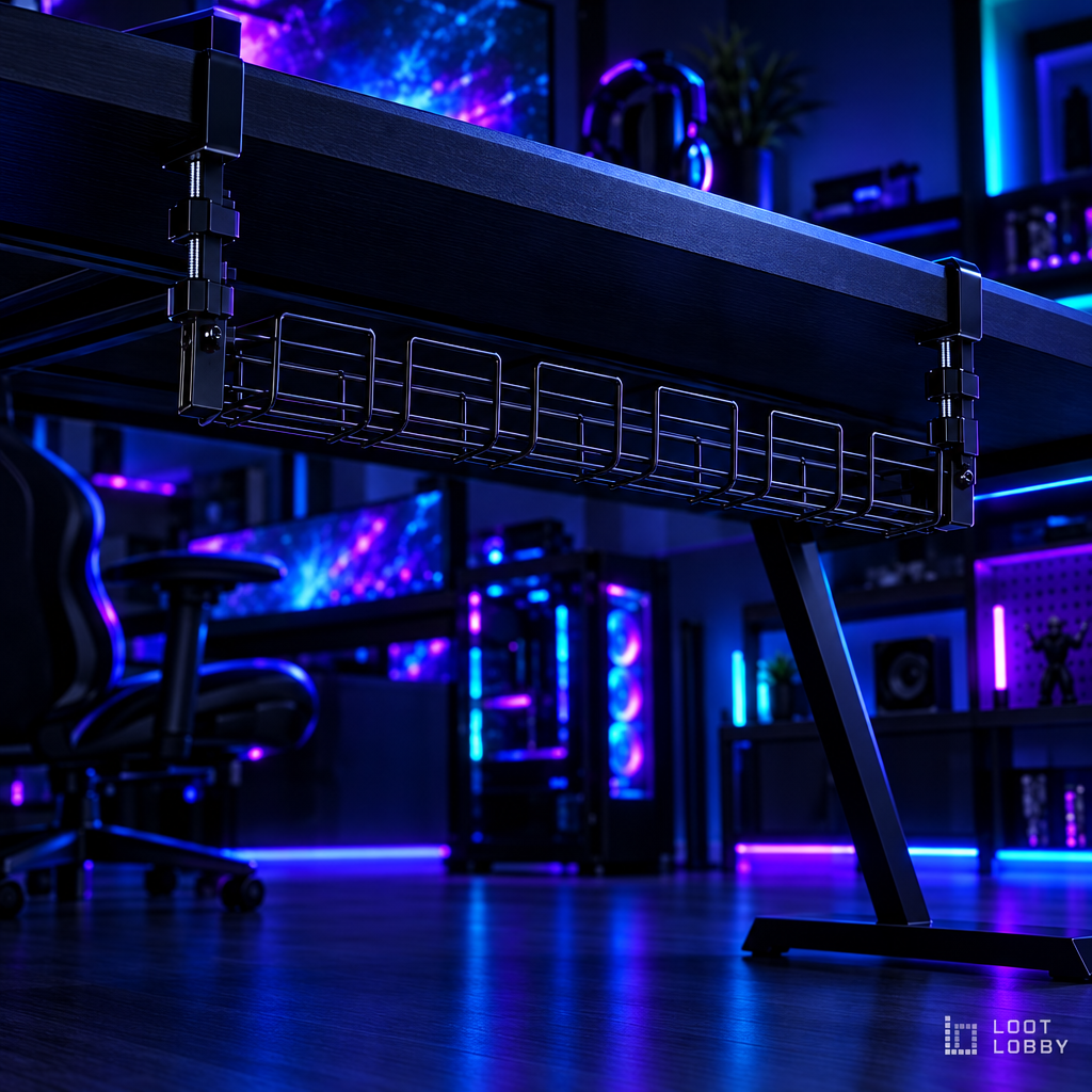 Loot Lobby – under-desk metal cable management tray, wide view