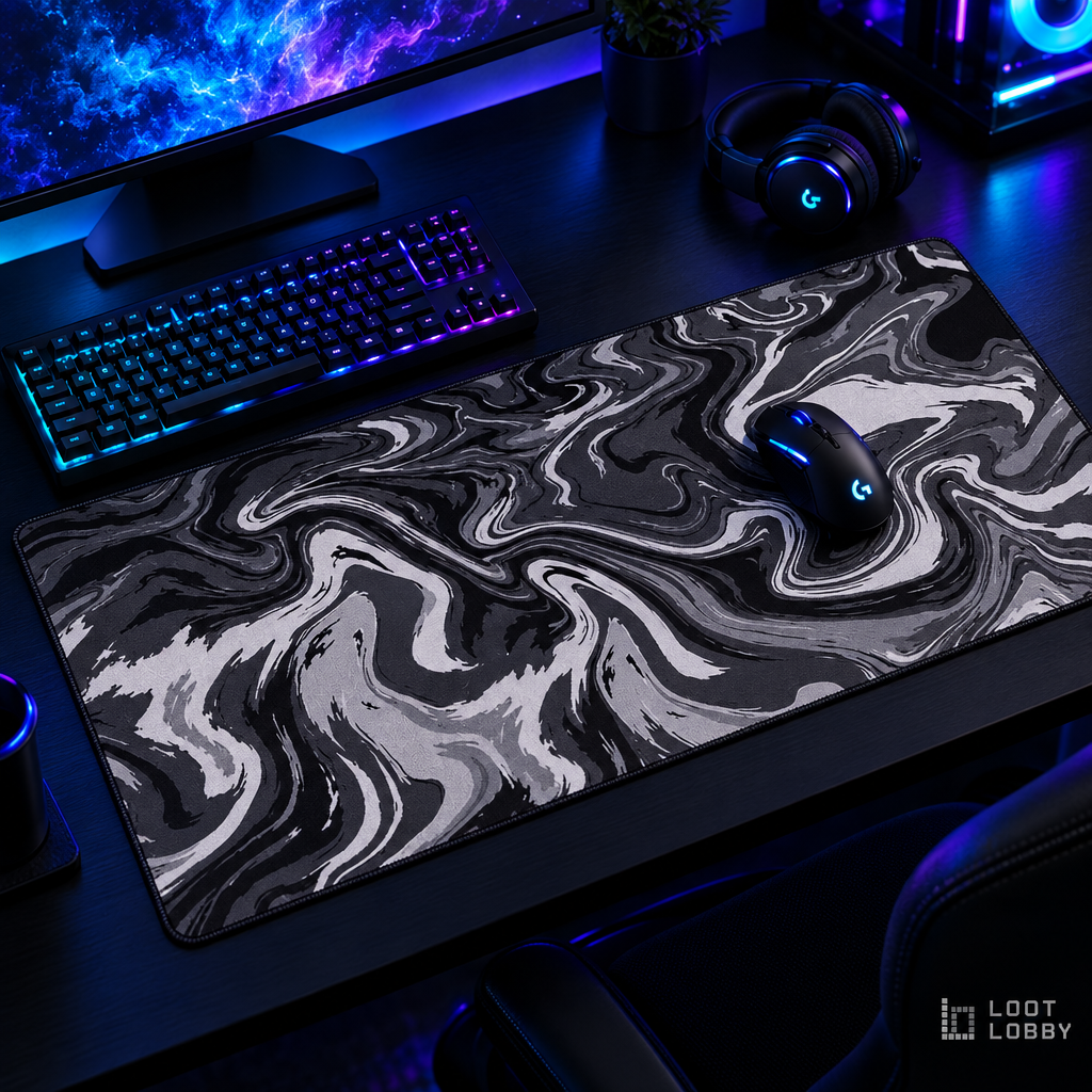 Loot Lobby – XL abstract gaming desk mat, overhead view