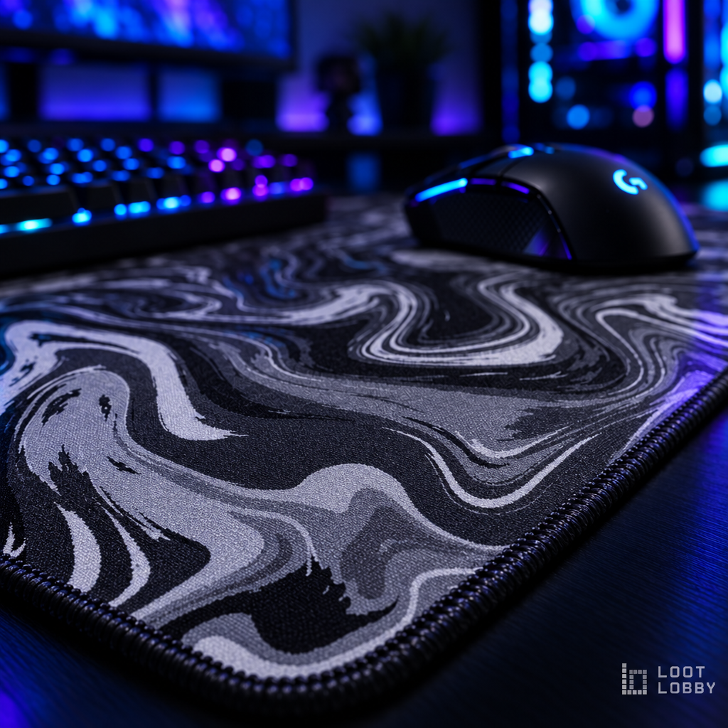Loot Lobby – XL abstract gaming desk mat, stitched edge detail