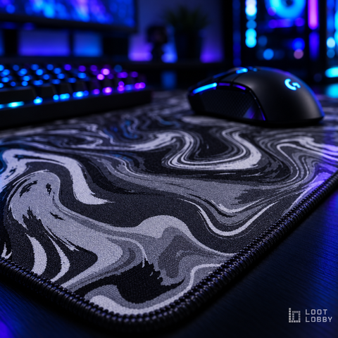 Loot Lobby – XL abstract gaming desk mat, stitched edge detail