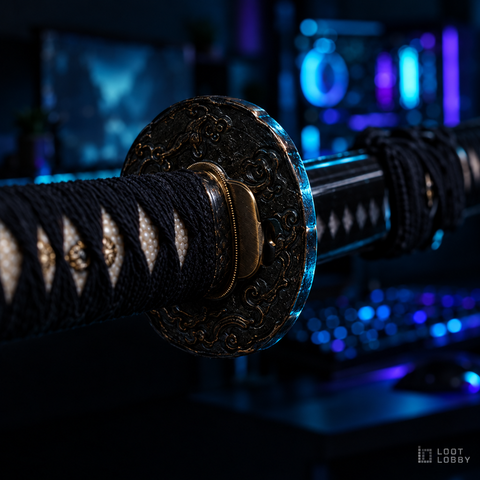 Loot Lobby – 1095 hand-forged katana, handle wrap and tsuba detail
