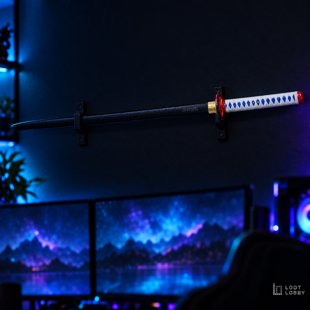 Deep-blue katana with white-and-blue handle in a dark gaming setup – Loot Lobby