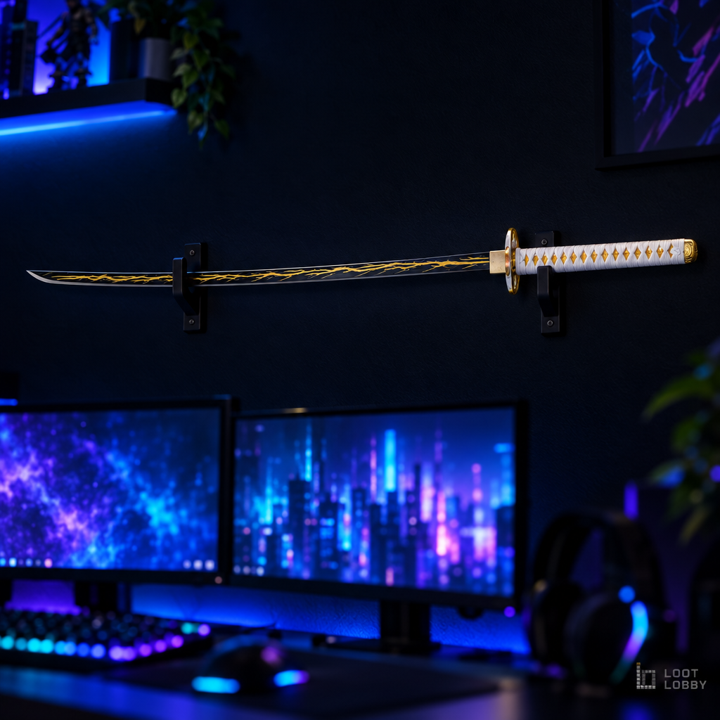 White-and-gold lightning-themed katana in a dark gaming setup – Loot Lobby