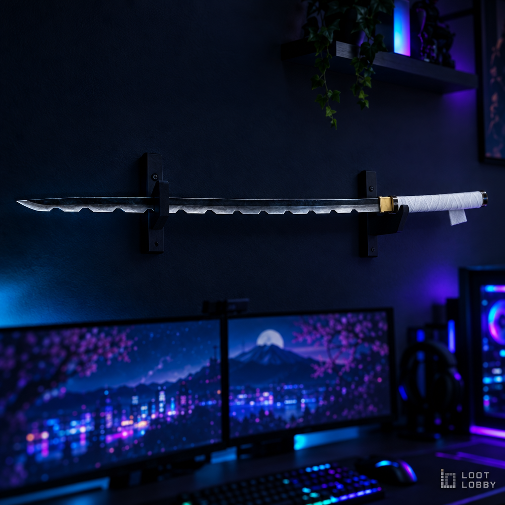 Jagged-edge katana-style blade in a dark gaming setup – Loot Lobby