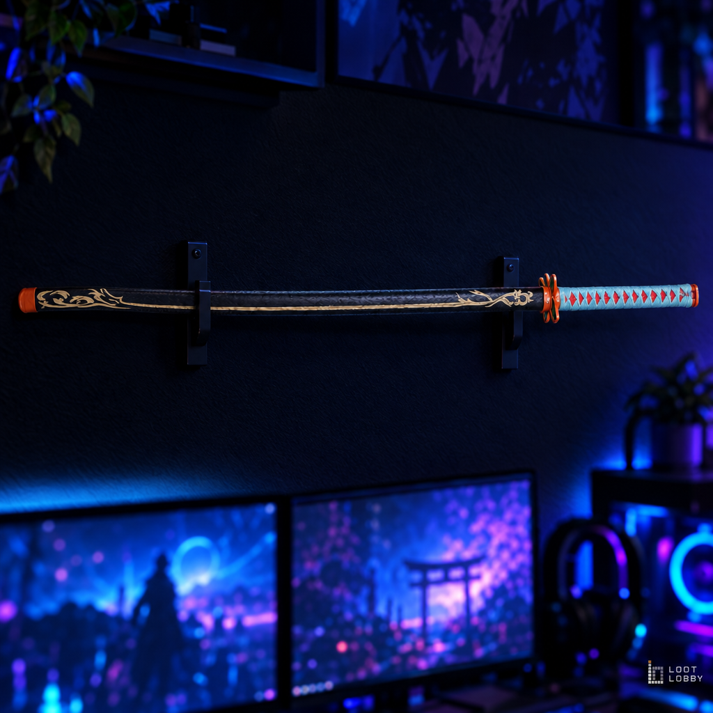 Slender katana with butterfly and flower details in a dark gaming setup – Loot Lobby