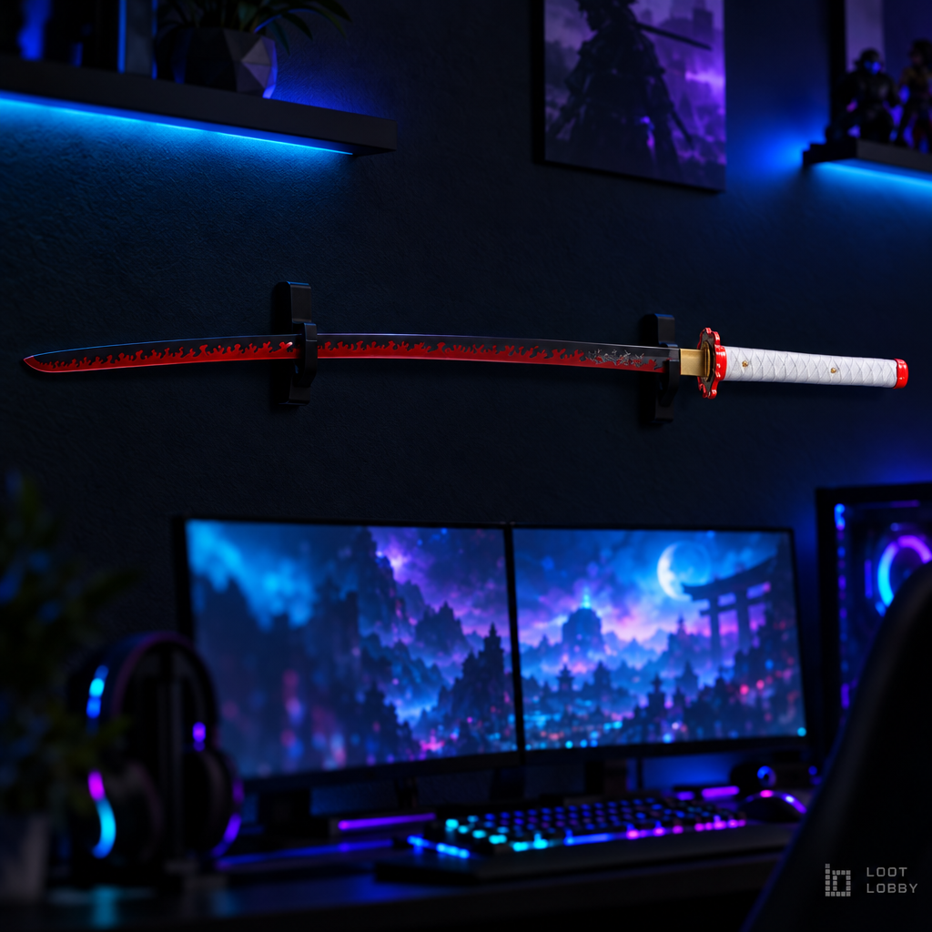 Blood-red katana with flame-style fittings in a dark gaming setup – Loot Lobby