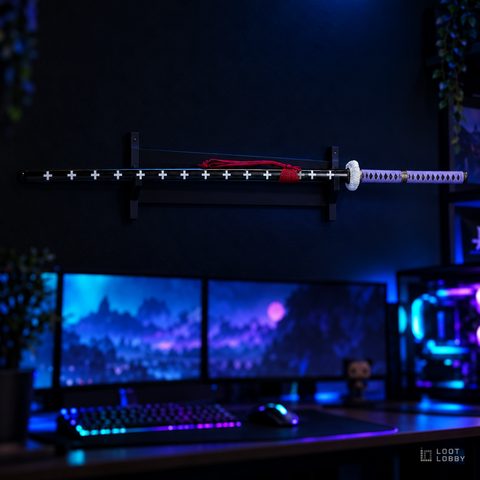 Extra-long nodachi with purple handle in a dark gaming setup – Loot Lobby