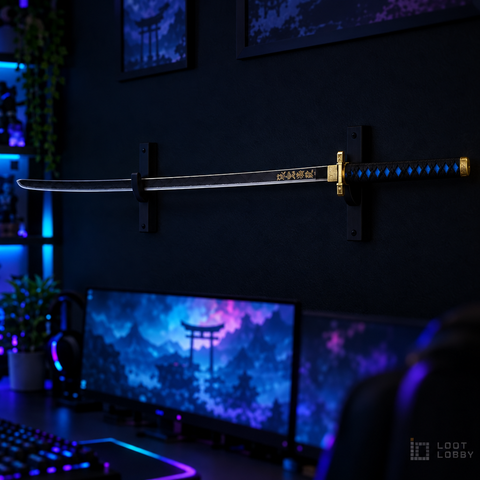 Mint-toned display sword in a dark gaming setup – Loot Lobby