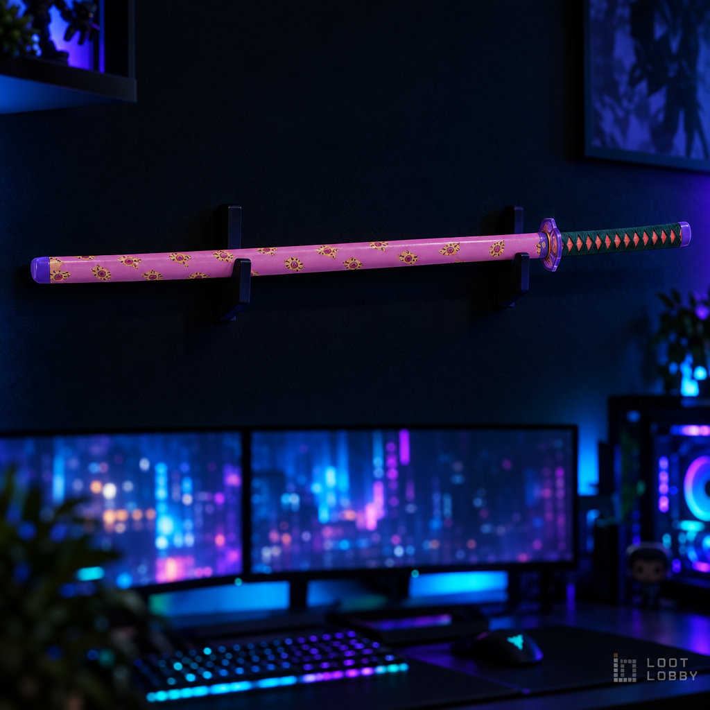 Eerie katana with an eye-shaped guard in a dark gaming setup – Loot Lobby