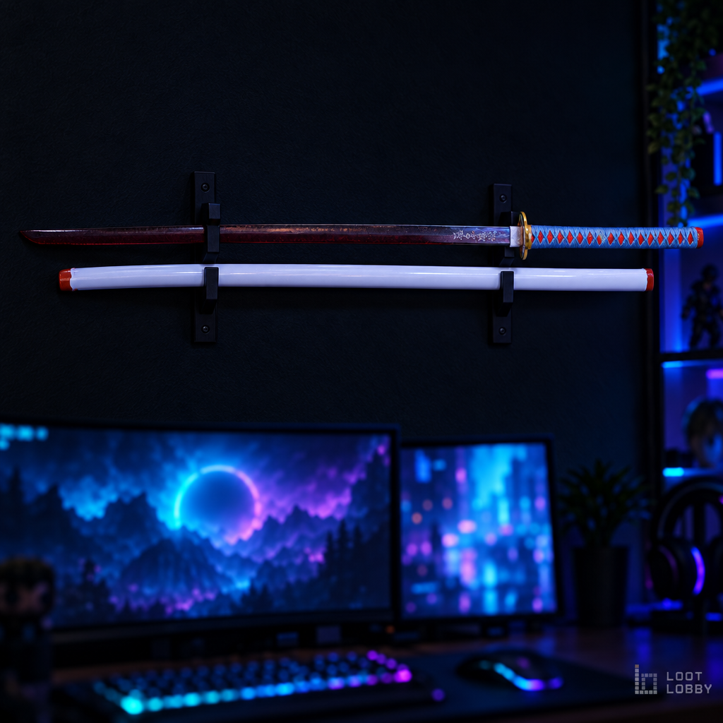 Pink and green display sword in a dark gaming setup – Loot Lobby