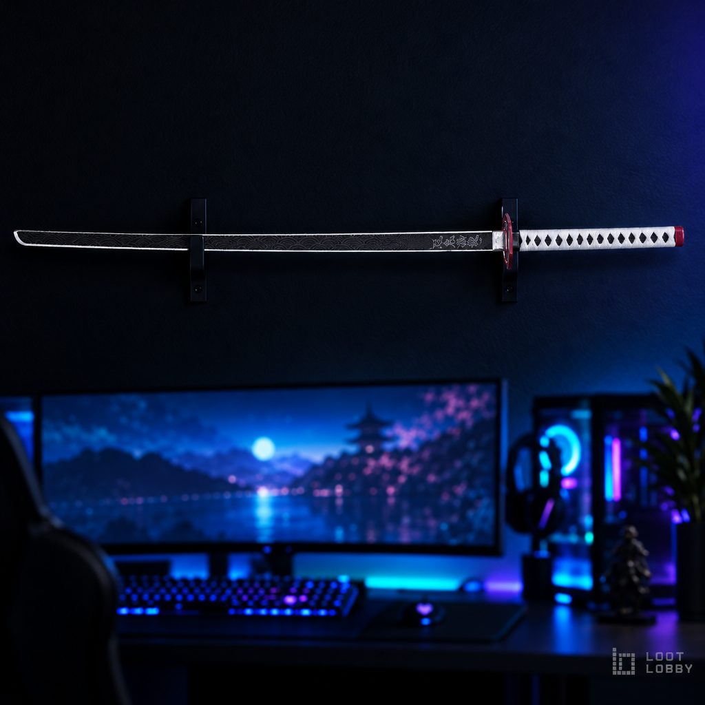 Water-themed display katana in a dark gaming setup – Loot Lobby