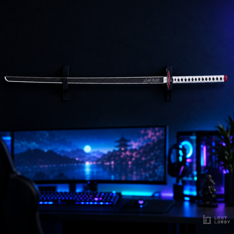 Water-themed display katana in a dark gaming setup – Loot Lobby