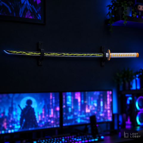 Lightning-themed display sword in a dark gaming setup – Loot Lobby